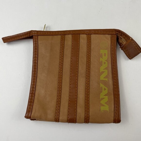 Vintage PAN AM Airlines Amenity Kit Toiletry Travel Bag Zip Brown Leather Pouch - Picture 1 of 7